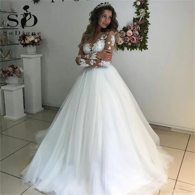 Top Trends: SoDigne Boho Long Sleeve Wedding Dresses Lace Appliques A Line Luxury Bride Dress Illusion Tulle Women Wedding Gowns Shoppable Styles