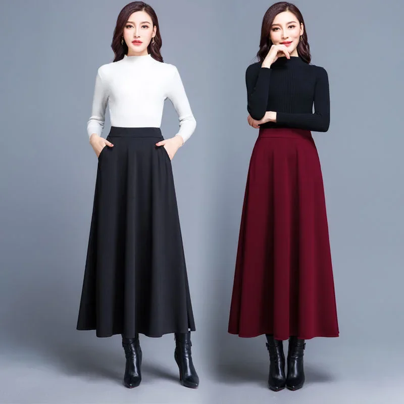 Top Trends: New Autumn And Winter Solid Color Woolen Skirt Big Hem A- Line Skirt High Waist Long Woman Skirts Mujer Faldas Saias Mulher Shoppable Styles