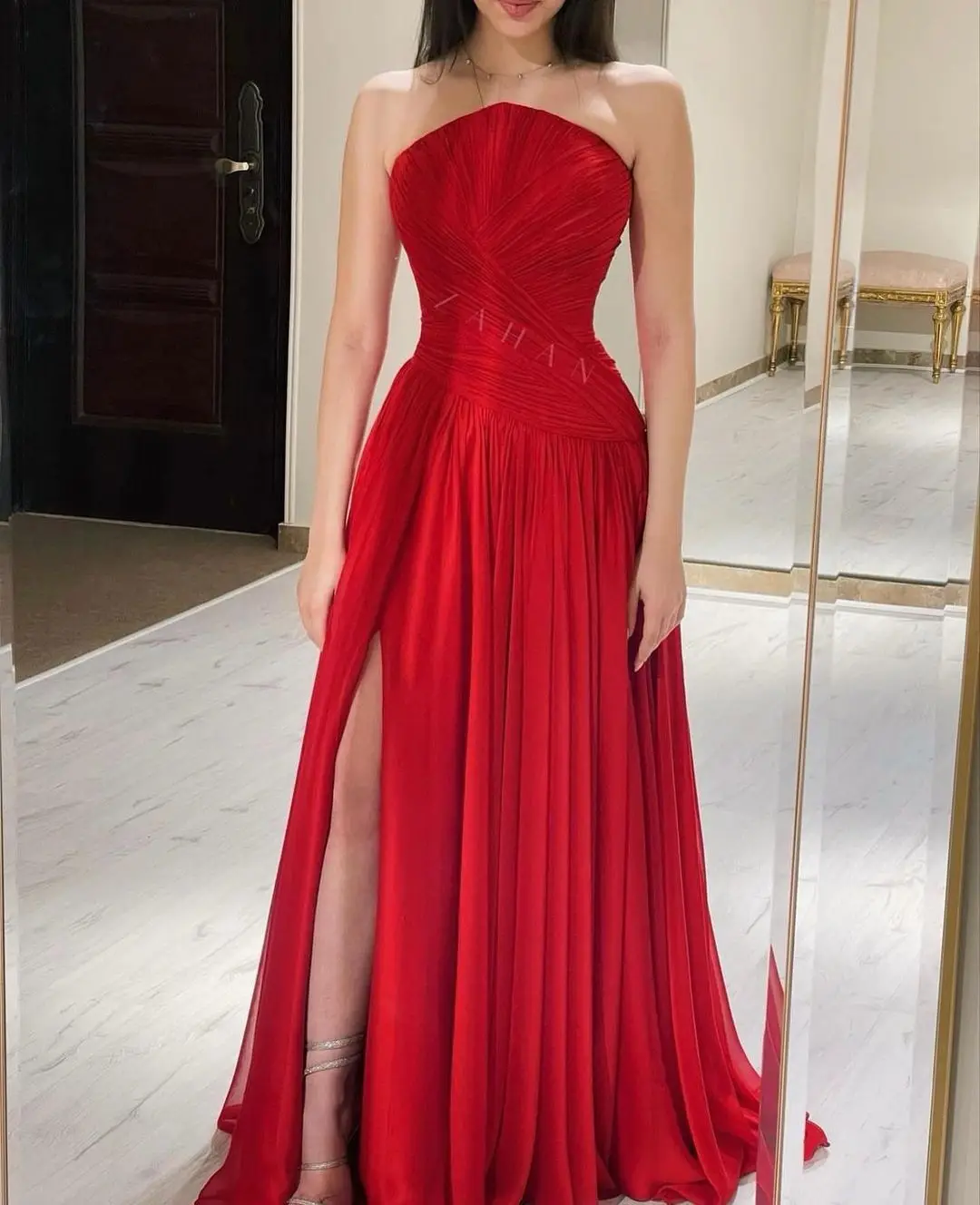 Top Trends: Red Chiffon Long Prom Dresses Strapless Pleated Side Split Party Gowns Special Banquet Club Vestidos De Fiesta Evening Dress Shoppable Styles