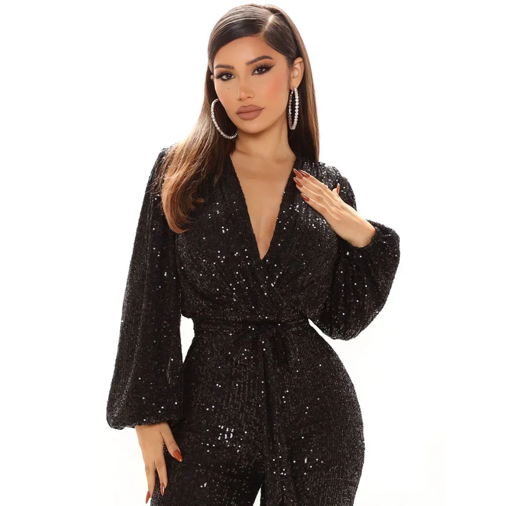 Top Trends: Jumpsuits Overalls Sexy V-neck Sparkly Rompers Long Sleeve Women&#039;s Sequin Lady One-piece Wide Leg Pants Deep V Bandage Shoppable Styles