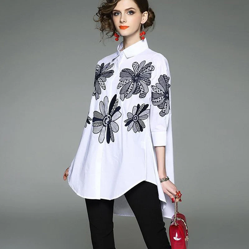 Top Trends: French Embroidery Tunics Women 2023 New Vintage Elegant Shirts Office Lady Irregular Button Cardigan Shoppable Styles