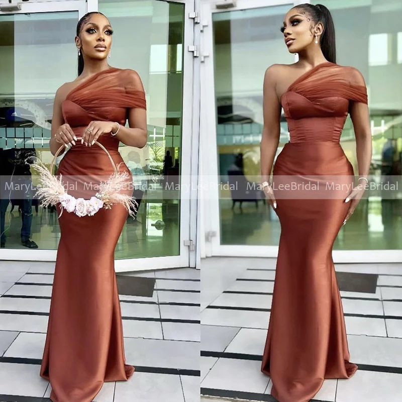 Top Trends: Brown Mermaid Bridesmaid Dresses One Shoulder Tulle Strap Simple Satin Corset Bride Maids Gowns Robe Demoiselle D Honneur Femme Shoppable Styles