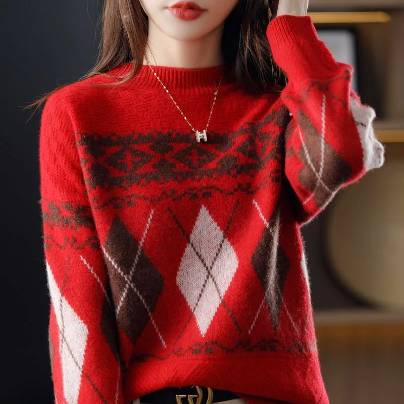 Top Trends: New Autumn And Winter Fashion Trend Retro Jacquard Half High Neck Loose Versatile Slim And Fashionable Women&#039;s Knitted Sweater Shoppable Styles