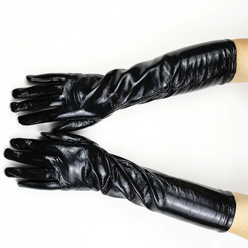 Top Trends: Long Patent Leather Gloves Women&#039;s Sheepskin Thin Rayon Lining Sleeves Velvet Lining Autumn And Winter Warmth Finger Gloves Shoppable Styles