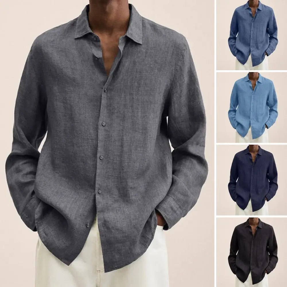 Top Trends: Casual Long Sleeve Shirt Men Solid Loose Button Cardigan Fashion Turn-down Collar Cotton Linen Shirts For Mens Camisa Masculina Shoppable Styles