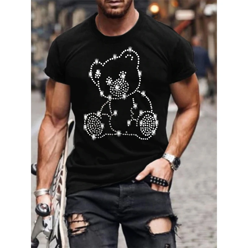 Top Trends: Men's Quality Fashion T-Shirts Casual Streetwear Short Sleeve Bear Hot Drill Men Clothing Tee Tops O-Neck Rhinestone Tshirt Y2K Shoppable Styles