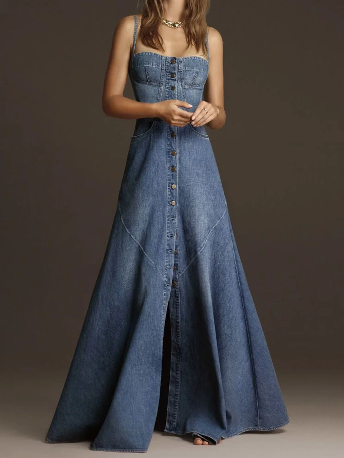 Top Trends: Women Denim Dress Sleeveless Square Collar Sling Jean Slim Fit Long Dress Summer Elegant Female Buttons Maxi Dress Solid Robes Shoppable Styles