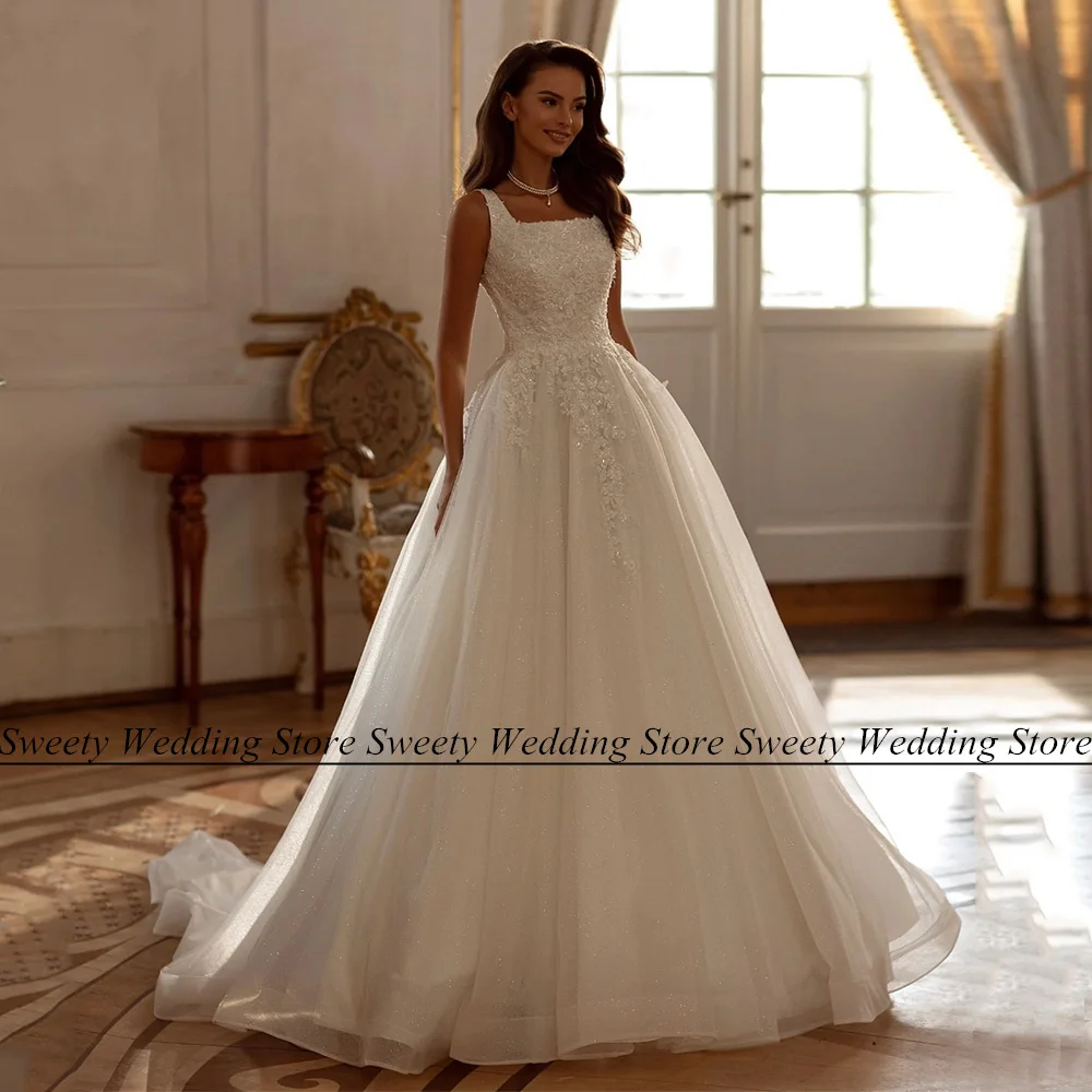 Top Trends: Jiayigong New Arrival Bride Gown Square Neck Sleeveless Sequin Applique Sweep Train Soft Tulle A Line Corset Wedding Dress Shoppable Styles