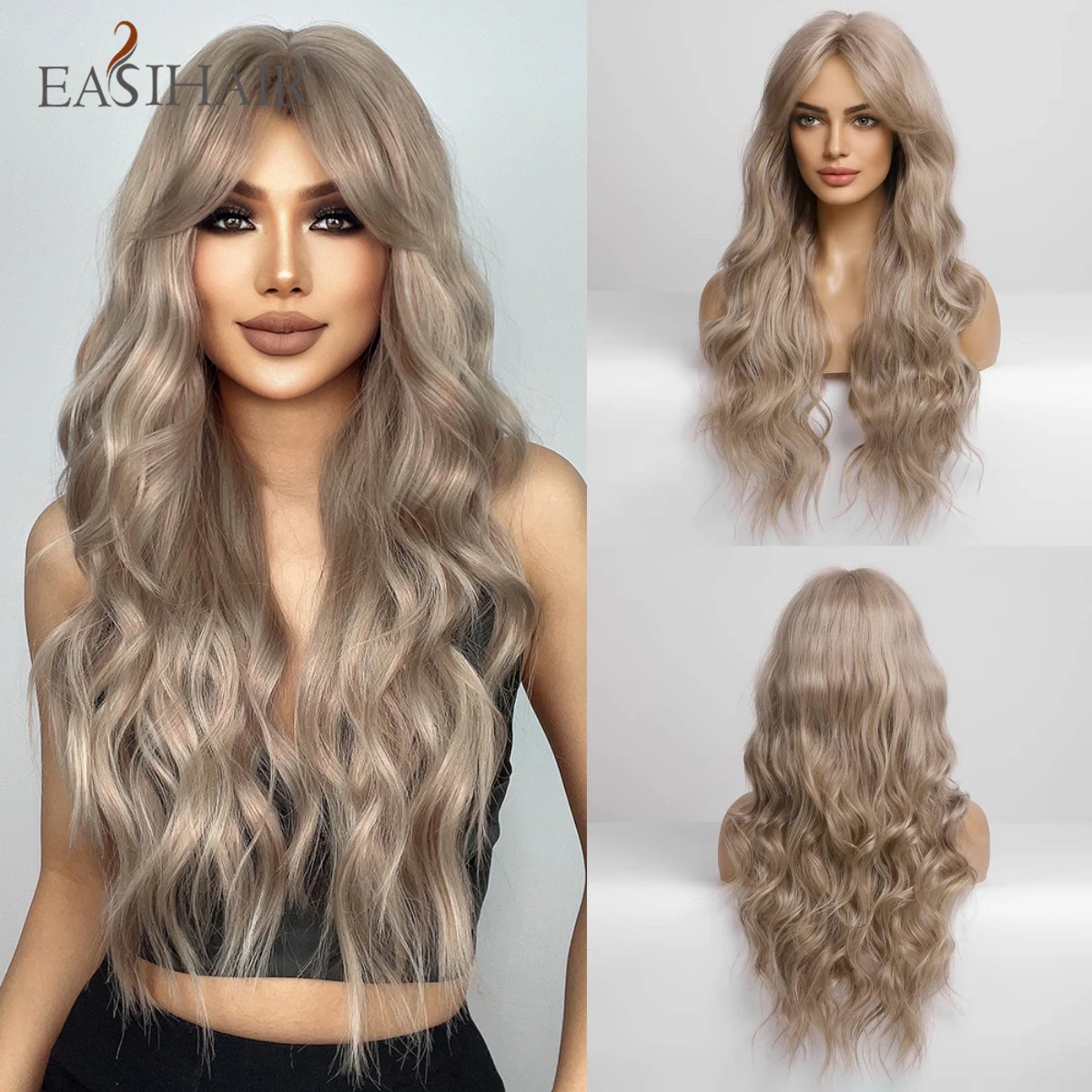 Top Trends: EASIHAIR Ash Blonde Long Water Wave Synthetic Wigs With Bang Light Brown Deep Wave Hair Wig For Women Daily Party Heat Resistant Shoppable Styles