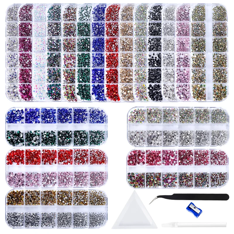 Top Trends: 12Gird 3D Glass AB Crystal Nail Art Rhinestones Kit Flatback Round Bead Charm Gem Stones Jewelry Diamond With Tools For Nail Art Shoppable Styles