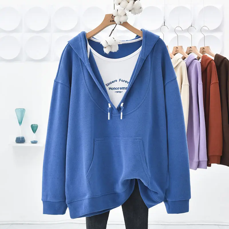 Top Trends: 2023 New Spring And Autumn Fashion V-neck Spliced Fake Two Piece Kangaroo Pocket Thin Loose Relaxed Women's Hooded Sweater Shoppable Styles