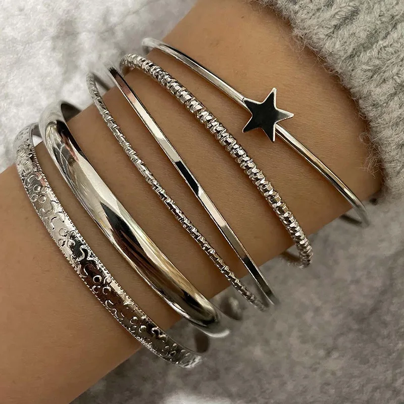 Top Trends: 6pcs / set Star Bangles Bracelets For Women Simple Multilayer Geometric Opening Bangle Cuff Bracelet Punk Jewelry Set Accessories Shoppable Styles