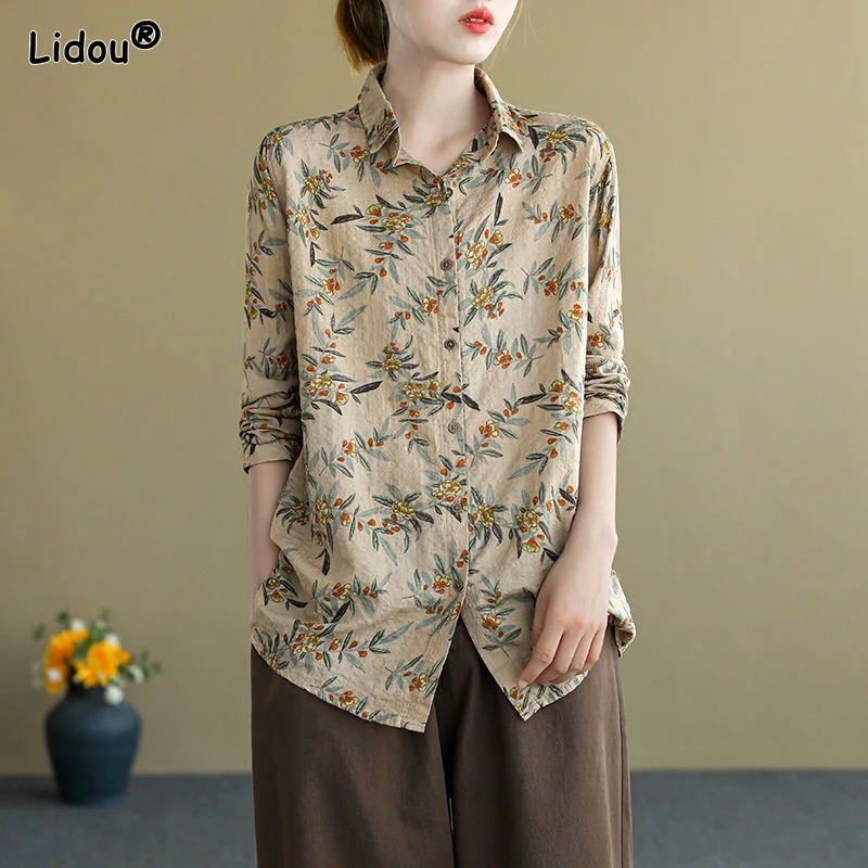 Top Trends: Retro Fashion Classic Korean Straight Loose Thin Printing Turn-down Collar Button Autumn Winter Women's Clothing 2022 Blouses Shoppable Styles