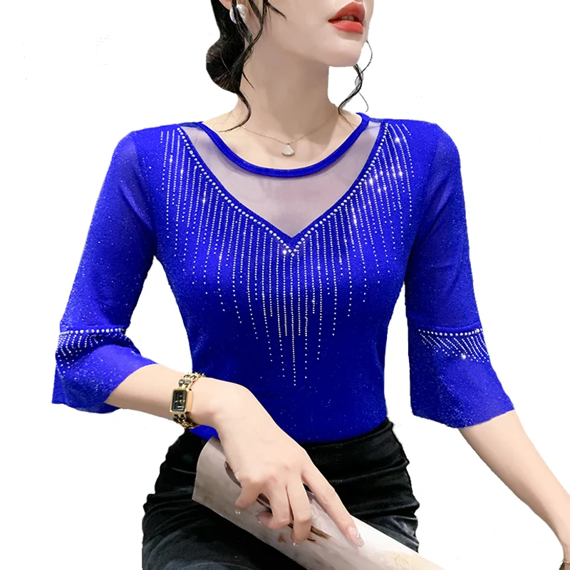 Top Trends: Sexy Patchwork Mesh T Shirt Slim 3 / 4 Sleeve Summer Women's Top Hot Drilling Casual Bright Silk Women Shirt Shoppable Styles