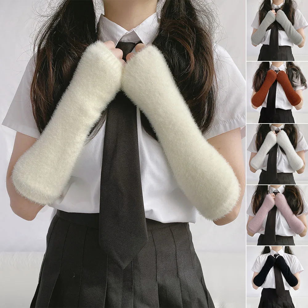 Top Trends: Long Knitted Fingerless Gloves Winter Thermal Arm Warmers Soft Warm Plush Half Finger Gloves Y2K Style Girls Elastic Mittens Shoppable Styles