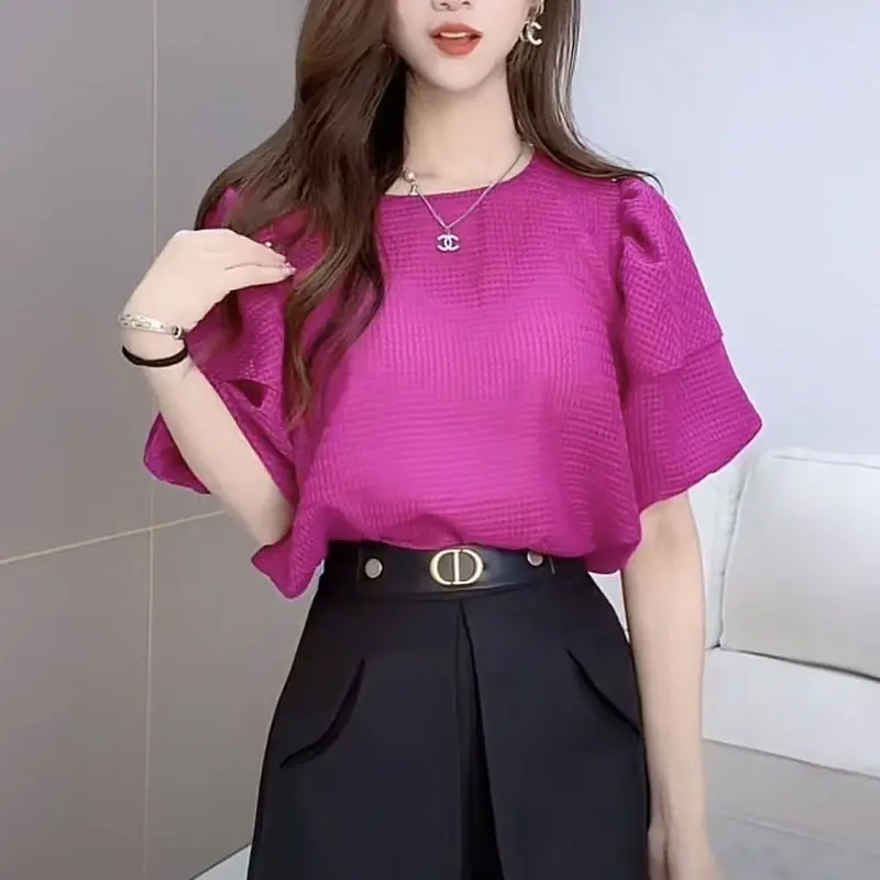 Top Trends: Stylish Solid Color Spliced Folds Puff Sleeve Blouse Women's Clothing 2023 Spring New Casual Pullovers Loose Office Lady Shirt Shoppable Styles - Image 6