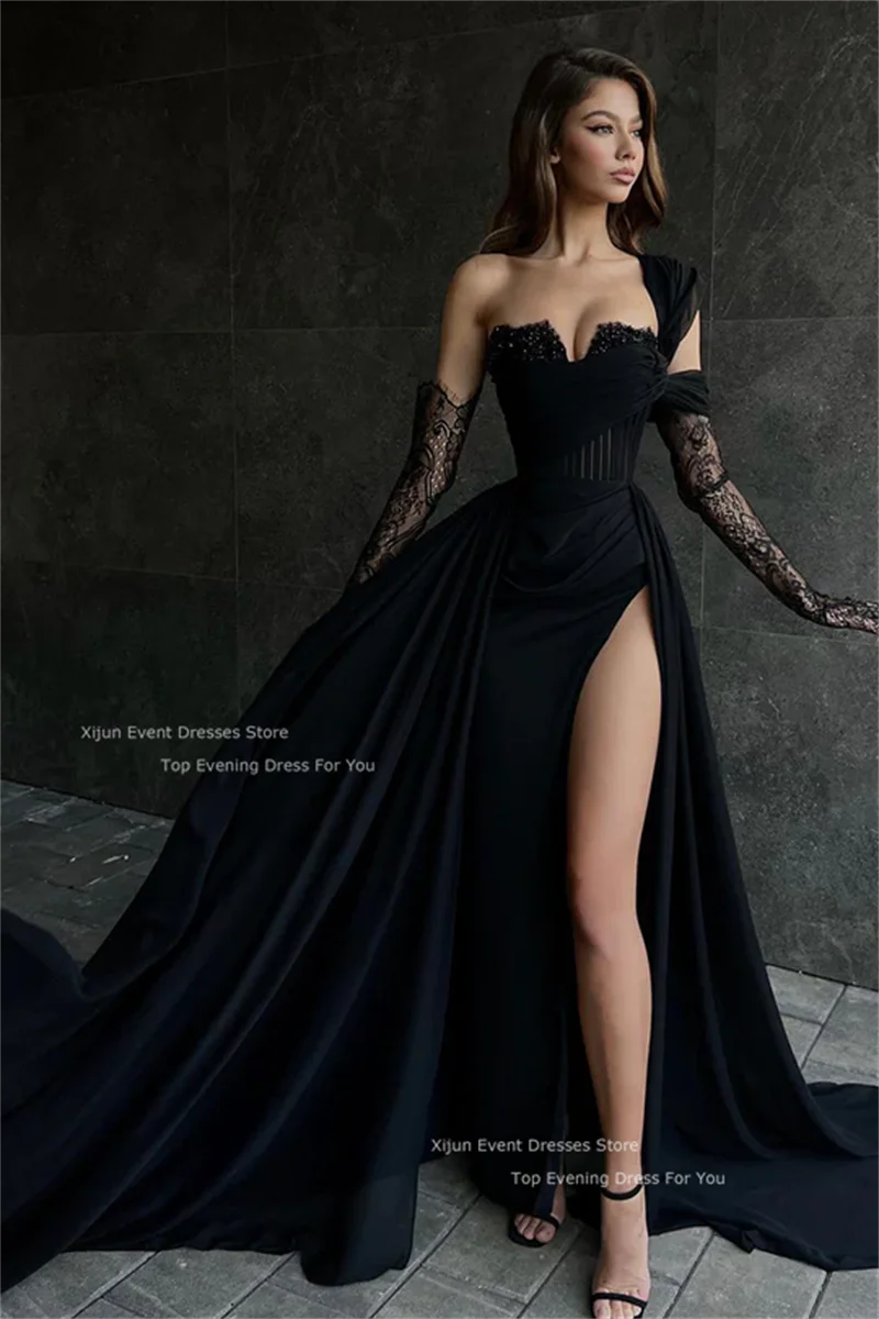 Top Trends: Xijun Black 2022 Prom Dresses Side Split Evening Dresses Elegant For Women With Gloves One Shoulder Wedding Party Gowns فستان سه Shoppable Styles