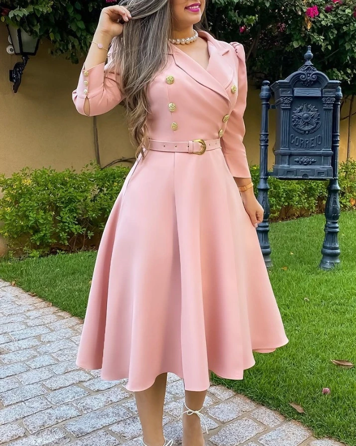 Top Trends: Puff Sleeve Double Breasted Belted Blazer Dress Dresses For Women 2022 Elegant High Quality A Line Midi Plain Shoppable Styles