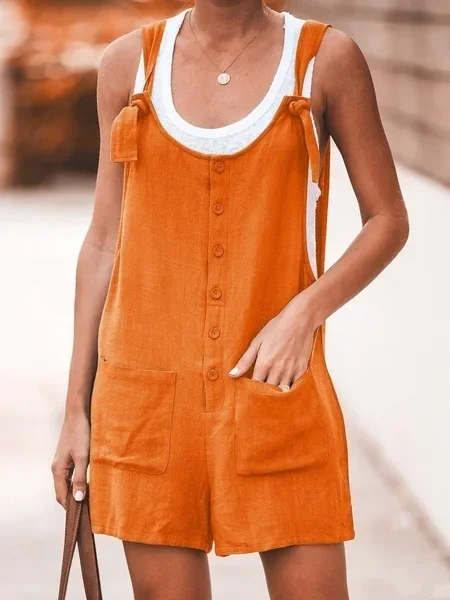 Top Trends: 2024 Summer Women Jumpsuit Sleeveless New Solid Color Round Neck Button Loose Short Casual Pocket Stitching Rompers Playsuits Shoppable Styles - Image 5