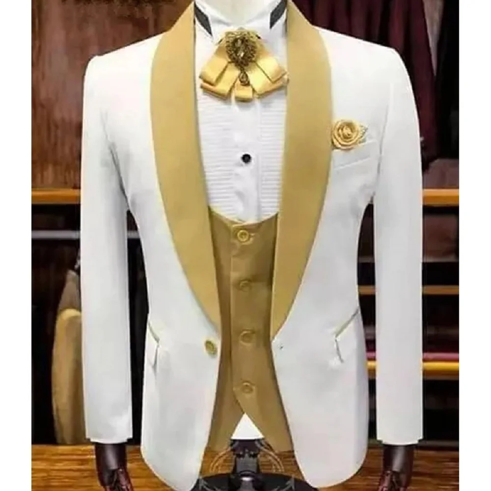 Top Trends: White And Gold Lapel Wedding Tuxedo For Groomsmen With Shawl Lapel Smoking Men Suits 3 Piece Male Fashion Set Jacket+ Vest+ Pants Shoppable Styles