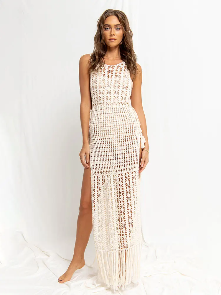 Top Trends: 2023 White Crochet Tunic Bikini Cover-ups Sexy Hollow Out Fringed Mesh Dress Women Summer Beach Wear Swim Suit Cover Up A1289 Shoppable Styles