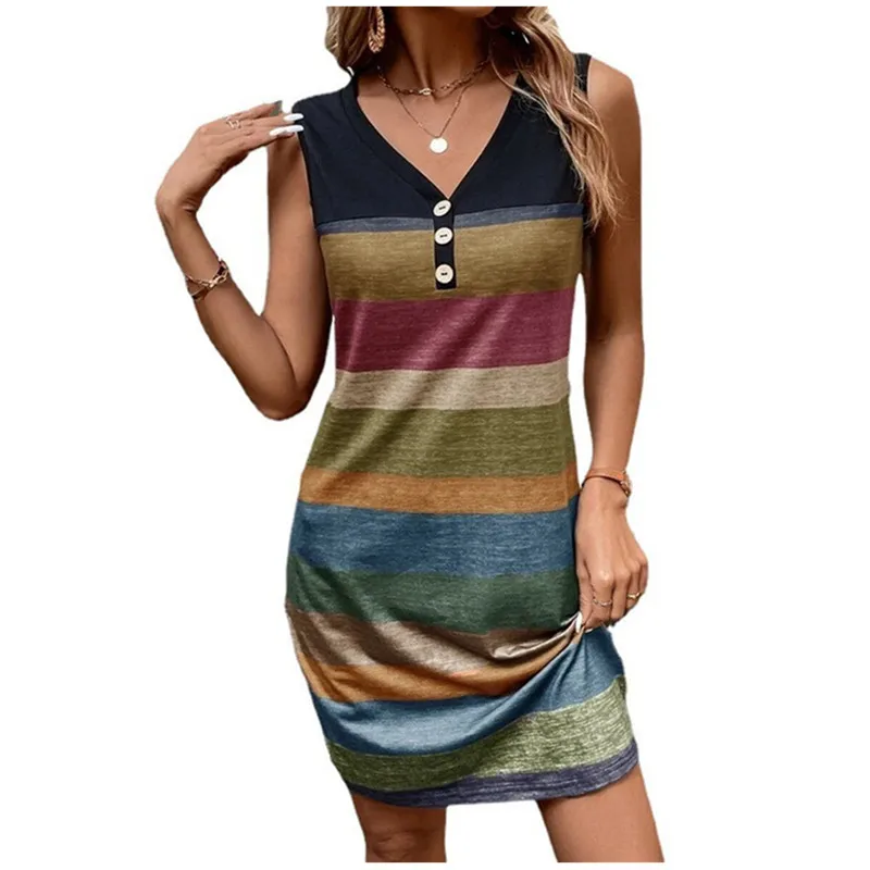 Top Trends: Women's Summer Sleeveless Dress Fashion Casual Striped Printed Mini Dresses Female V-Neck Button Party Dress 2024 Plus Size New Shoppable Styles