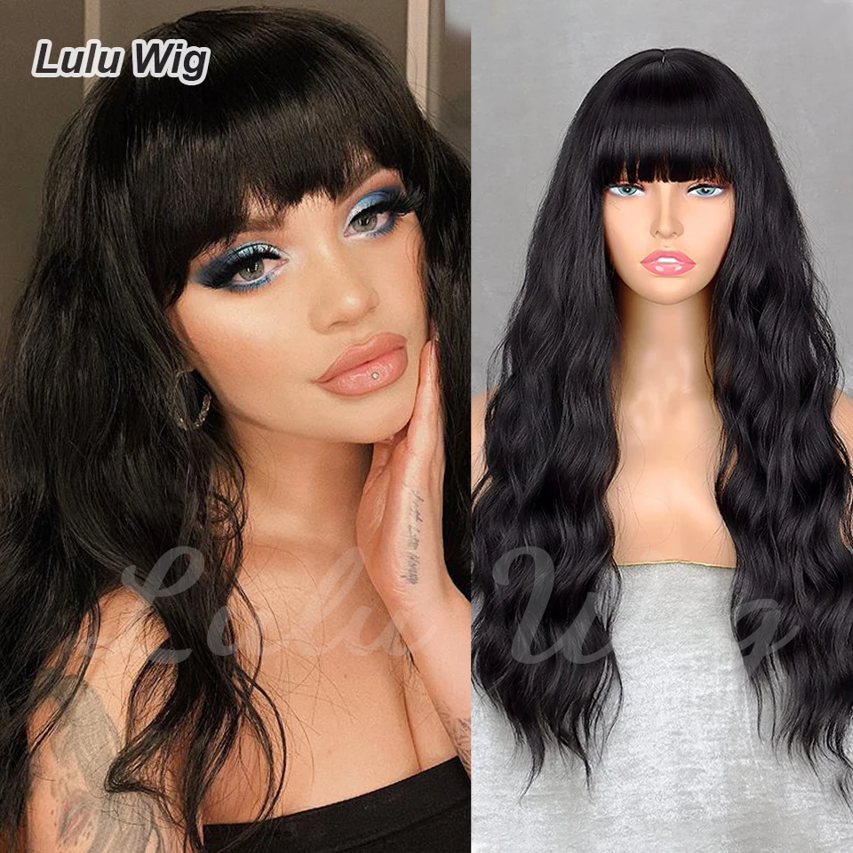 Top Trends: Black Wig With Bangs Long Black Wavy Wigs For Women Synthetic Wigs Black Curly Hair Wig For Girls Daily Party Use Shoppable Styles