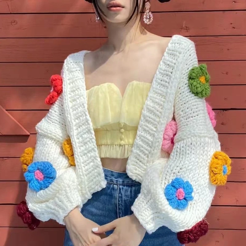 Top Trends: HOUZHOU Kawaii Flower Cardigan Sweater Women Harajuku Cute Three-dimensional Decorative Long Sleeve Y2k Cropped Knit Sweater Shoppable Styles