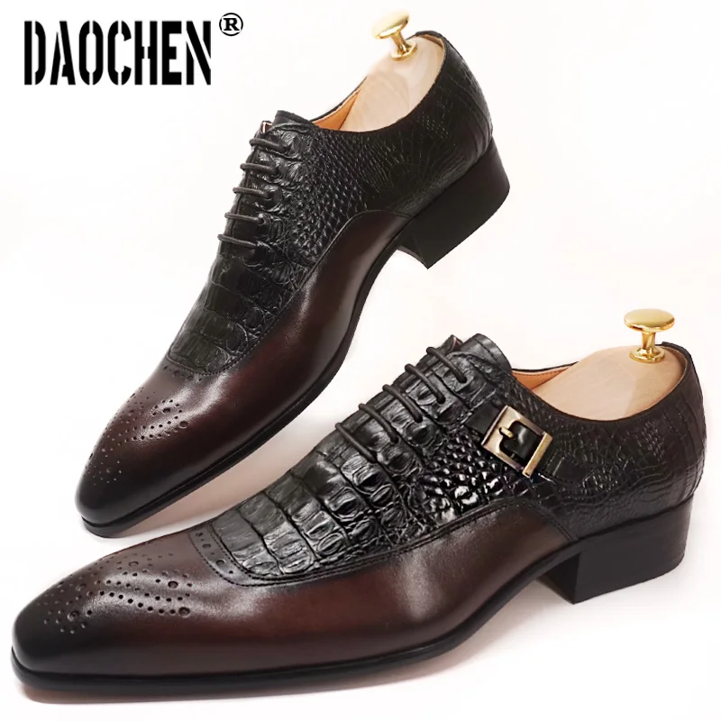 Top Trends: Luxury Brand Men Oxford Shoes Lace Up Pointed Toe Brown Black Classic Men Dress Shoes Crocodile Print Leather Shoes Men Shoppable Styles