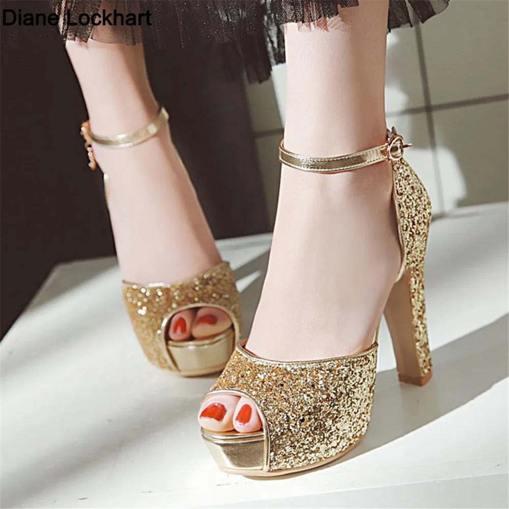 Top Trends: Summer New Peep Toe Shiny Sequins High Heels Women Platform Sandals Party Dress Wedding Pumps Ladies Shoes Gold Zapatos Mujer Shoppable Styles