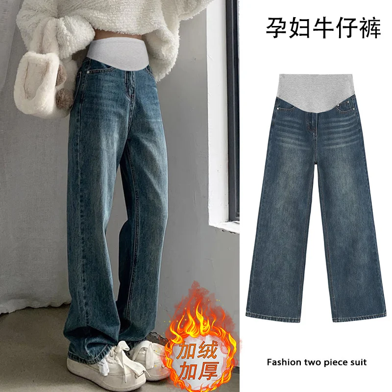 Top Trends: 255 # Winter Thick Warm Plus Velvet Denim Maternity Straight Jeans Loose Belly Pants Clothes For Pregnant Women Casual Pregnancy Shoppable Styles