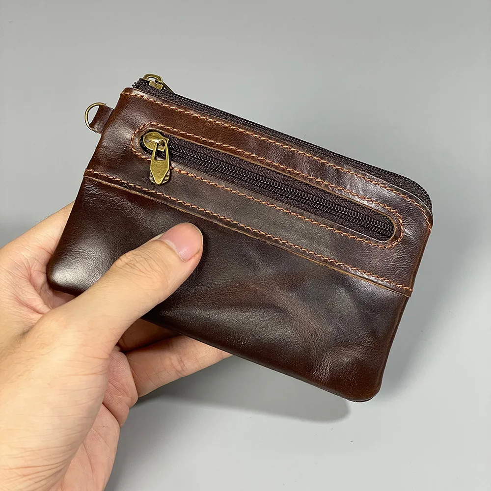 Top Trends: Retro Cowhide Leather Slim Wallet Original Handmade Small Change Coin Holders For Mens Key Cards Cases Double Zipper Pouches Shoppable Styles