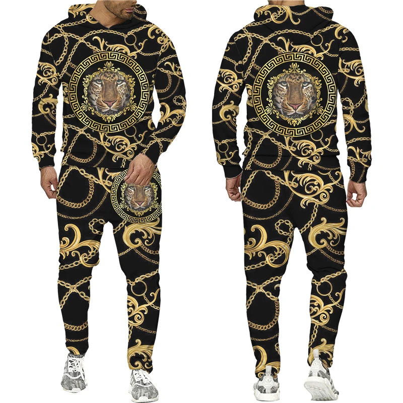 Top Trends: Men's Hoodie Pants Suit Leopard Golden Pattern Sportswear Set 3D Print Women Fashion Tracksuit Jogging Clothes For Men Clothing Shoppable Styles - Image 2