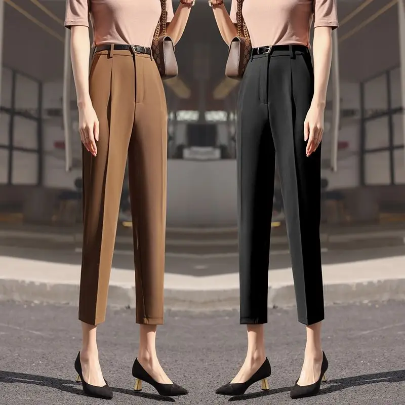 Top Trends: Office Lady Fashion Coffee Harlan Suit Pants Spring Summer Thin Women Koreon Women High Waist Casual Slim Cropped Trousers 2023 Shoppable Styles - Image 2