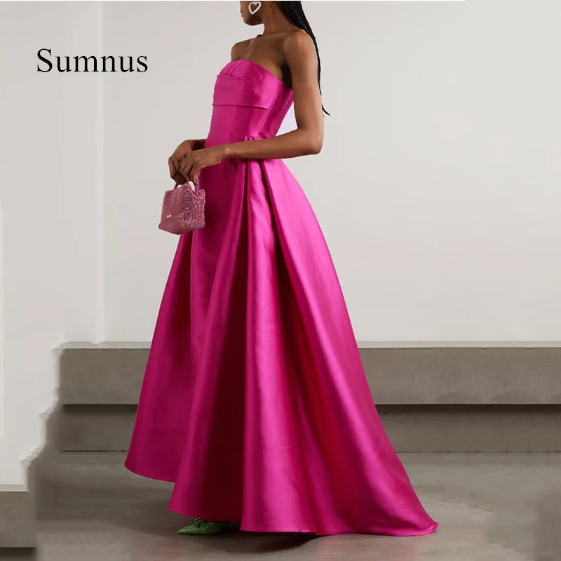 Top Trends: Sumnus Fuschia A-Line Evening Dresses Strapless Satin Prom Gowns Sleeveless Formal Occasion Princess Party Dress Saudi Arabia Shoppable Styles