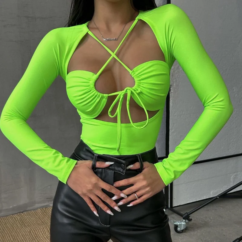 Top Trends: 2023 Strappy Sexy Cut Out Tie Front Top Bodysuits For Women Long Sleeve Tops One Piece High Rise Bodysuit Rompers Solid Shoppable Styles