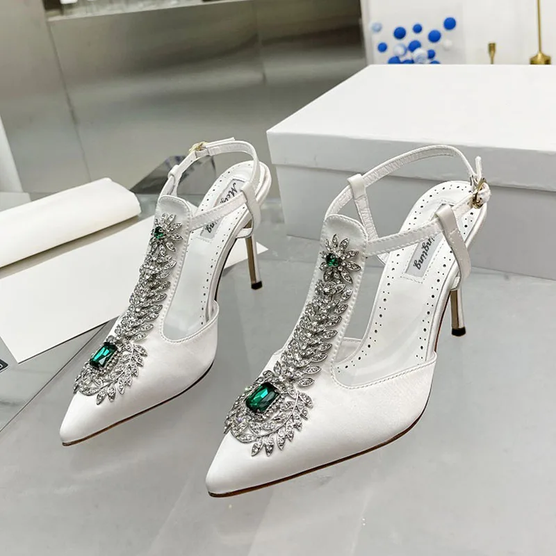 Top Trends: Ladies Wedding Shoes Rhinestone Pointed Toe High Heels Satin Gemstone Stiletto Sandals 2022 New Baotou Fairy Pump Wedding Shoes Shoppable Styles - Image 4