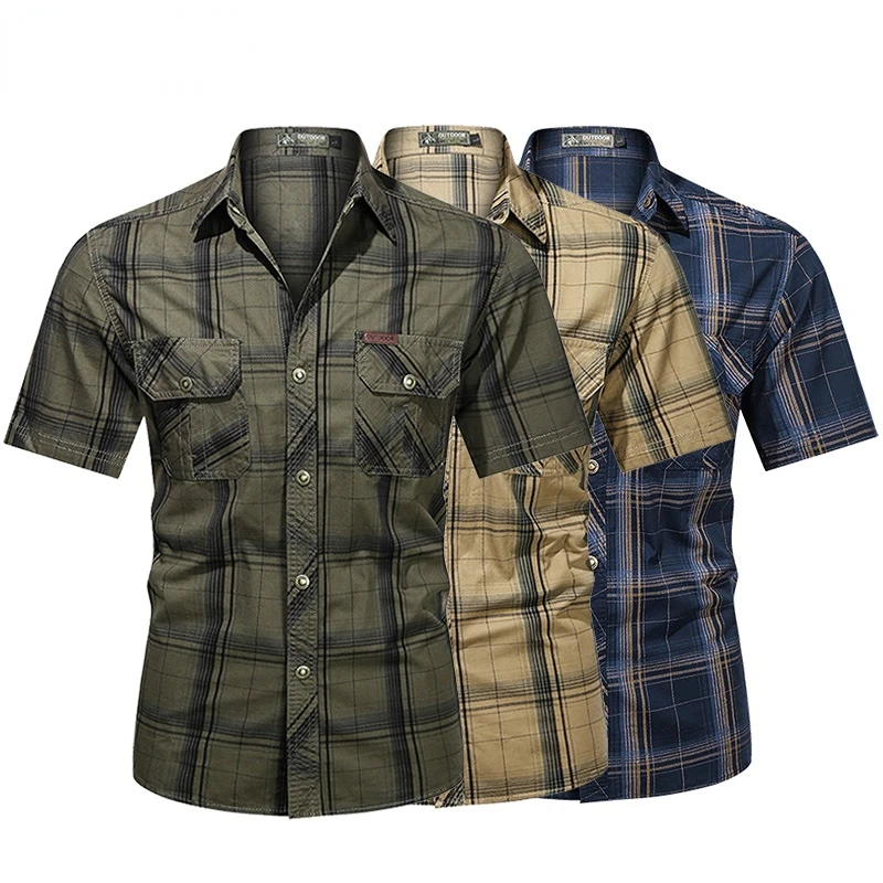 Top Trends: Men Lapel Shirt Plaid Printing Summer Short-sleeve Fashion Military Tops Casual Streetwear Male Work Shirts Army Green S-5XL Shoppable Styles