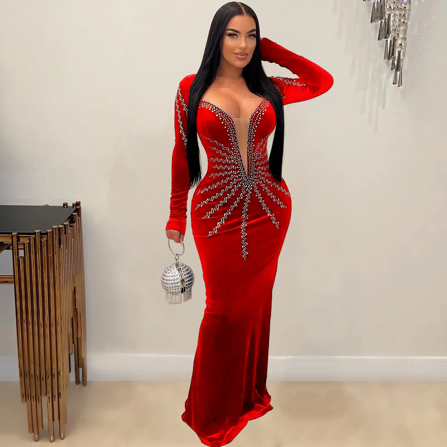 Top Trends: Women Velvet Deep V Diamonds Hot Rhinestones Long Sleeve Mermaid Bodycon Maxi Dress 2024 Sexy Birthday Party Gown Long Dresses Shoppable Styles