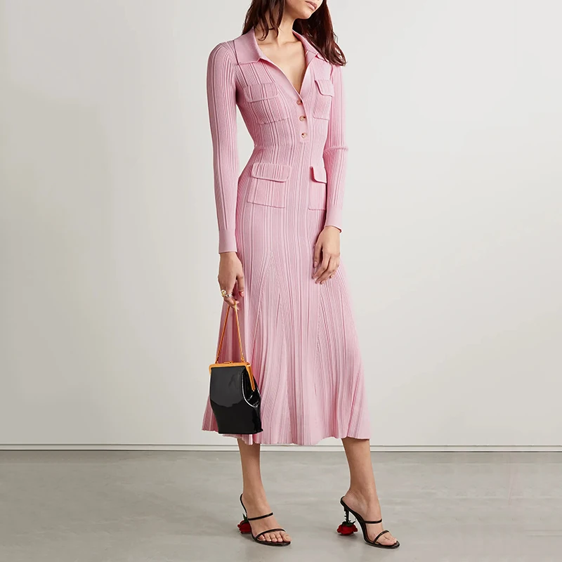 Top Trends: Women's Pink Knitted Medium-length Dress Senior Sense Of Fashion Temperament Polo Collar Waist-skimming Long Dress 2023 New Shoppable Styles