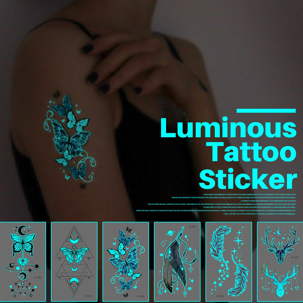 Top Trends: Butterfly Feather Blue Luminous Tattoo Sticker Temporary Waterproof Arm Body Art Fake Tattoos Women Makeup Festival Accessories Shoppable Styles