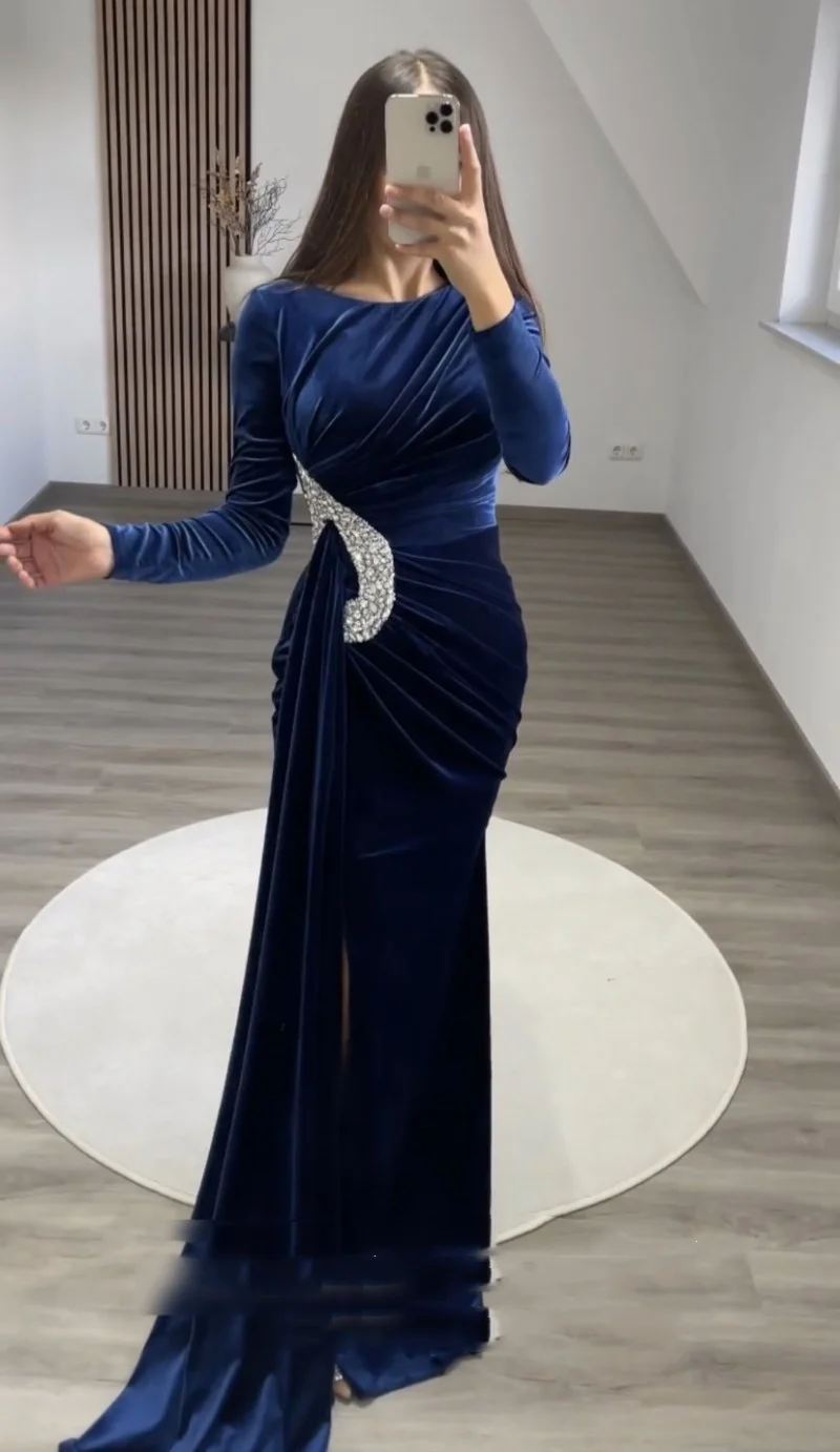 Top Trends: Royal Blue Velvet Evening Dress For Wedding Party Round Neck Beaded Long Sleeves Mermaid Dubai Arabic Celebrity Prom Gowns Shoppable Styles