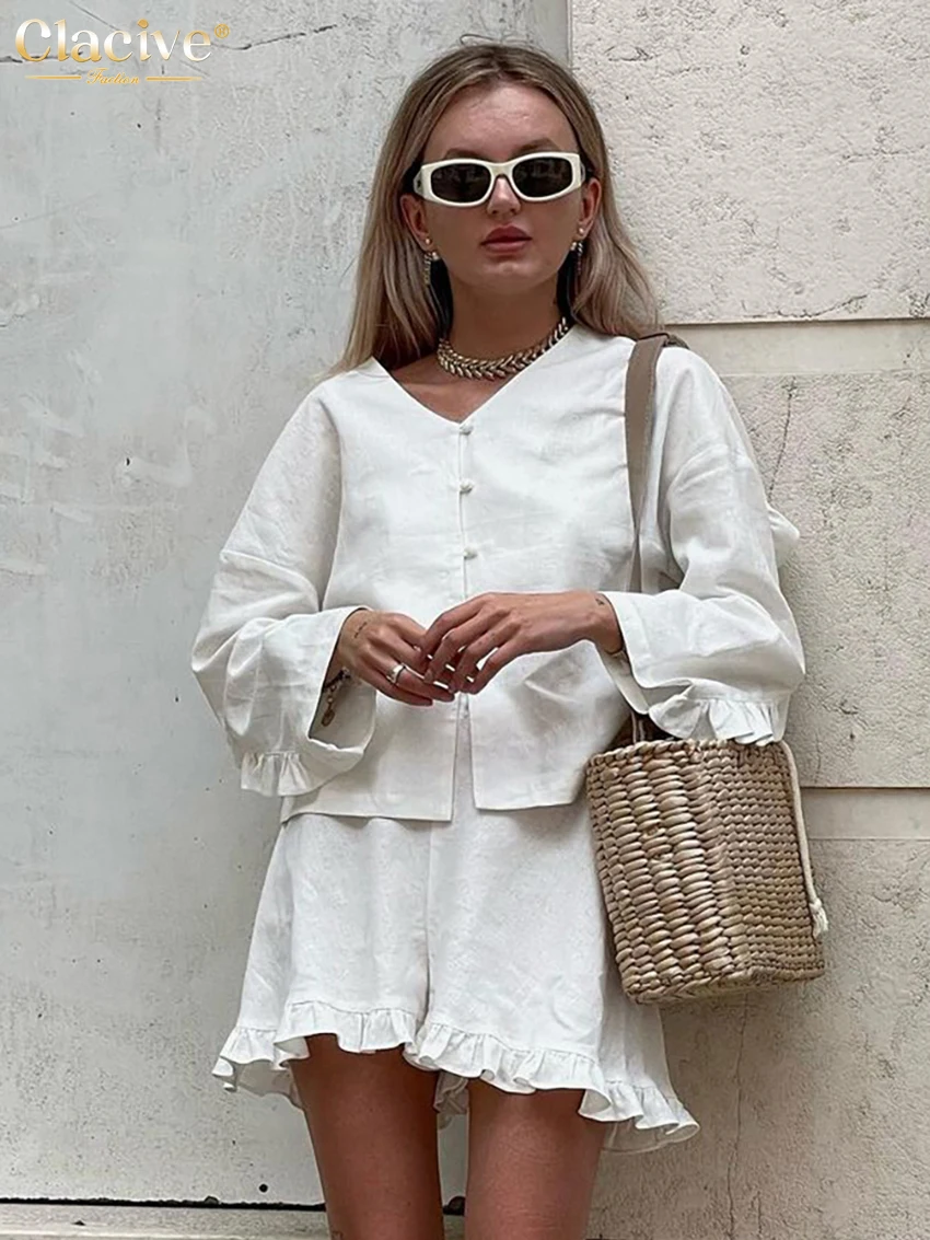 Top Trends: Clacive Fashion Beige Linen 2 Piece Sets Women Outfit Casual Loose Long Sleeve Shirts With High Waist Ruffle Shorts Set Female Shoppable Styles