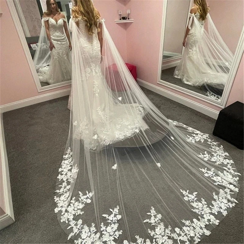 Top Trends: Real New White Ivory WED Cape Veil Lace Appliques Bridal Shoulder Veil Cathedral Tulle Long Cape Cloak Shawl Wedding Accessories Shoppable Styles