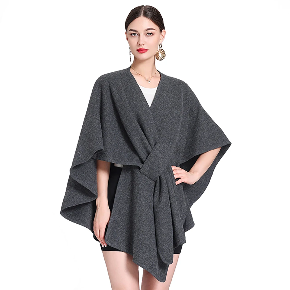 Top Trends: Women Cashmere-like Shawl Coat Lady Winter Cape With Band Spring Autumn Retro Cardigan Classic Simple Cloak Soft Large Blanket Shoppable Styles