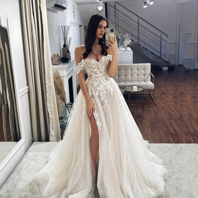 Top Trends: LORIE Lace Wedding Dresses 2022 Off The Shoulder Sweetheart Neck Bridal Gowns Side Split Vintage Appliques Country Wedding Gown Shoppable Styles