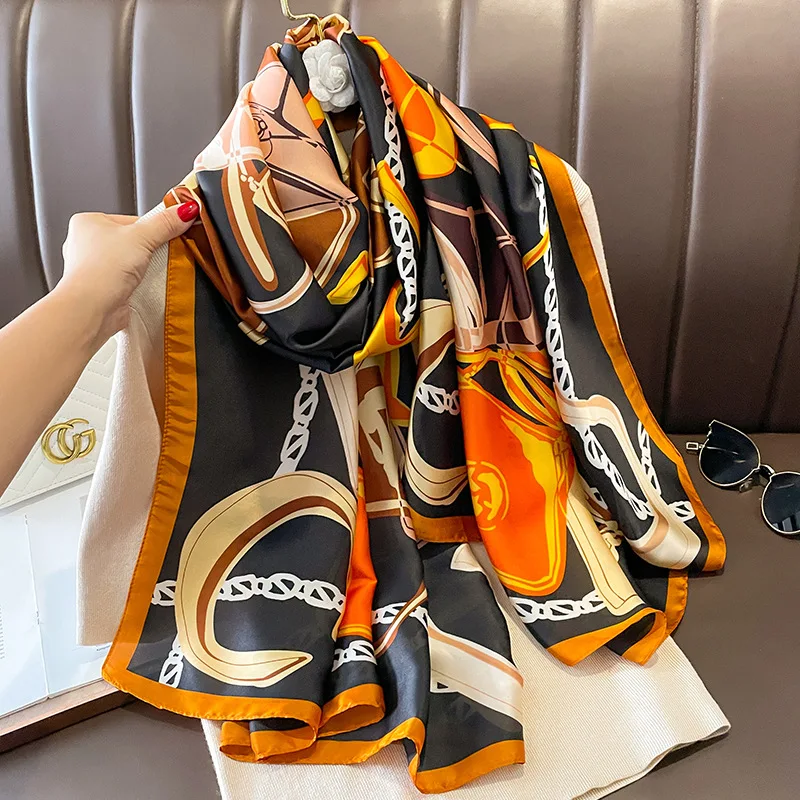 Top Trends: Spain Fashion Brand Women Silk Scarf Luxury Floral Stain Pashmina Shawls And Wraps Foulard Femme Bufandas Beach Hijab 180*90Cm Shoppable Styles - Image 6