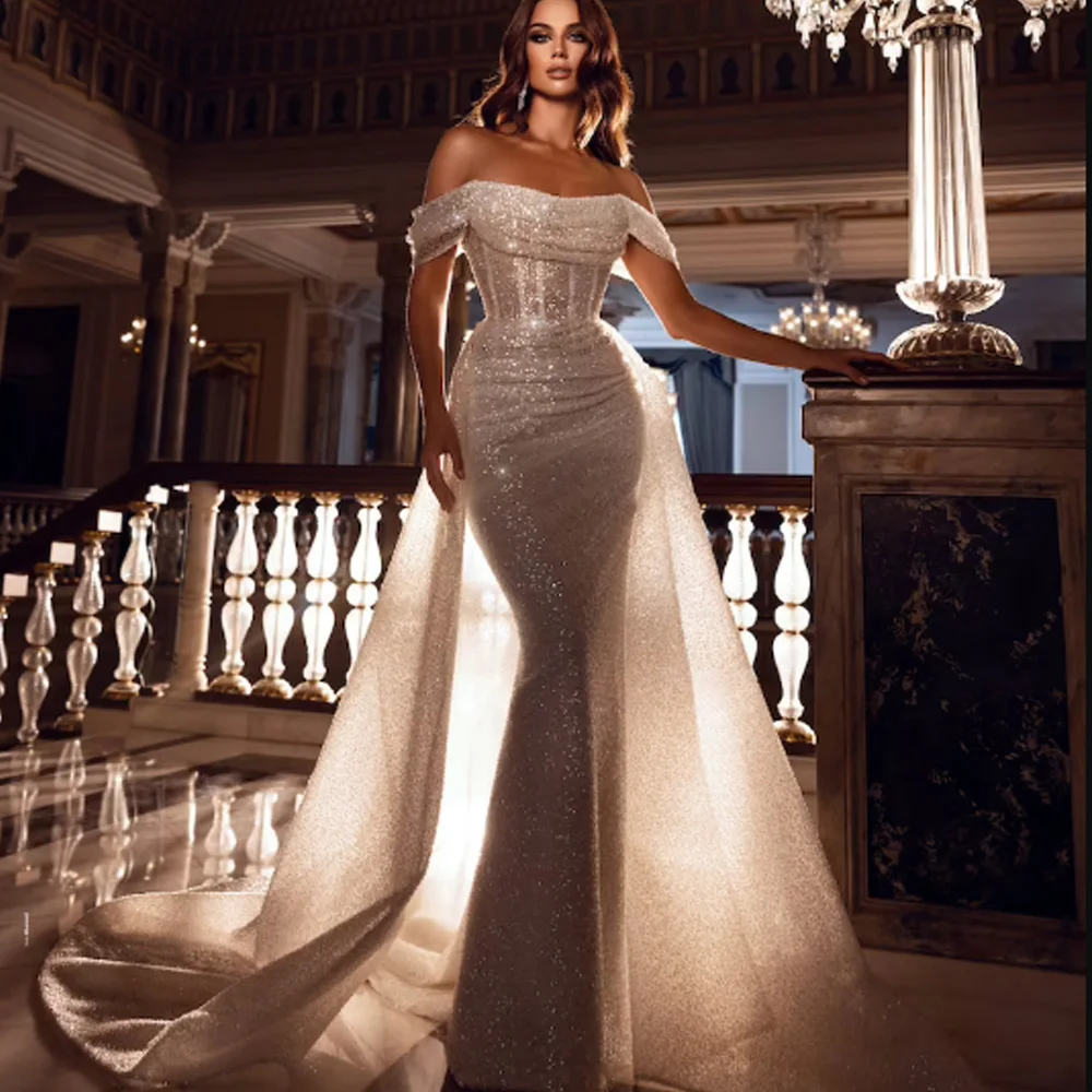 Top Trends: PERFECT Glitter Mermaid Tulle Wedding Dresses Detachable Sweep Train Off The Shoulder Pleat Zipper Up Bridal Gown For Women 2024 Shoppable Styles - Image 2