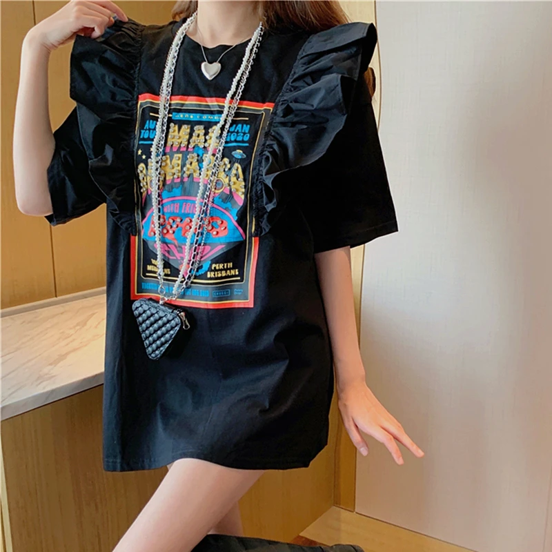 Top Trends: Summer Cotton Loose 4XL Cute Splitted Ruffles Vintage Letter Print T Shirts For Woman Girls Kawaii Y2k Tops Harajuku Black White Shoppable Styles