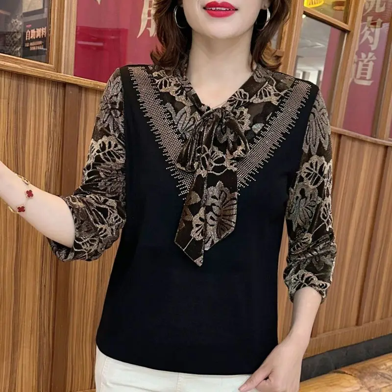 Top Trends: Women Clothing Autumn Vintage Bow Diamonds Blouse Ladies Fashion Elasticity Loose Tops Shoppable Styles